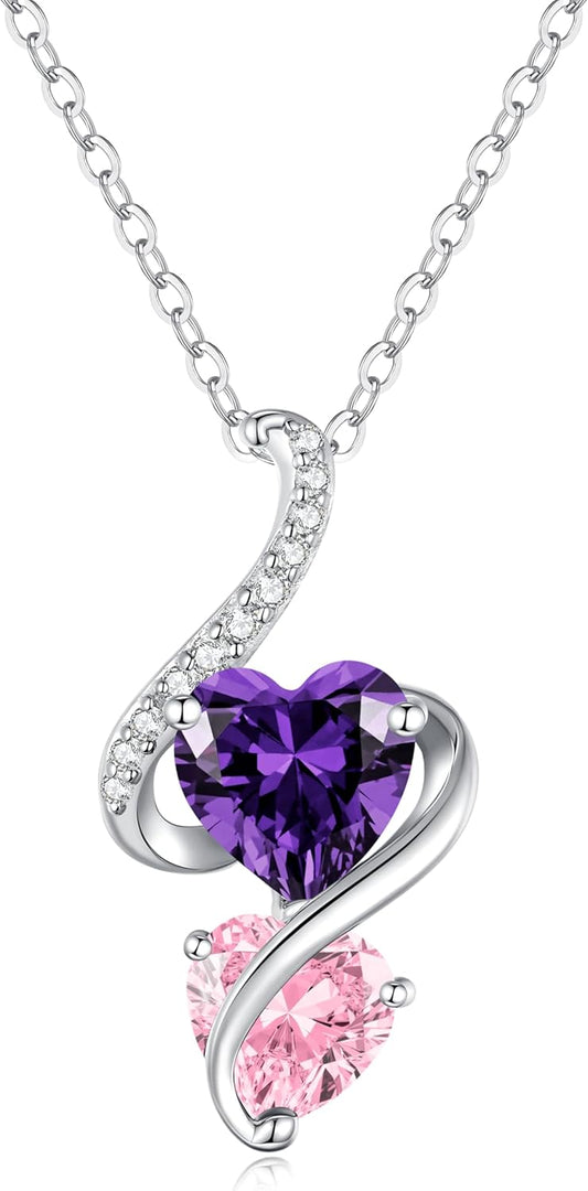 LOUISA SECRET Unique Double Heart Necklace Gifts for Wife Women, 925 Sterling Silver Tiny Birthstone Pendant Jewelry Gift for Her Girlfriend Mom Valentine's Day Anniversary Mother's Day Birthdays & Christmas