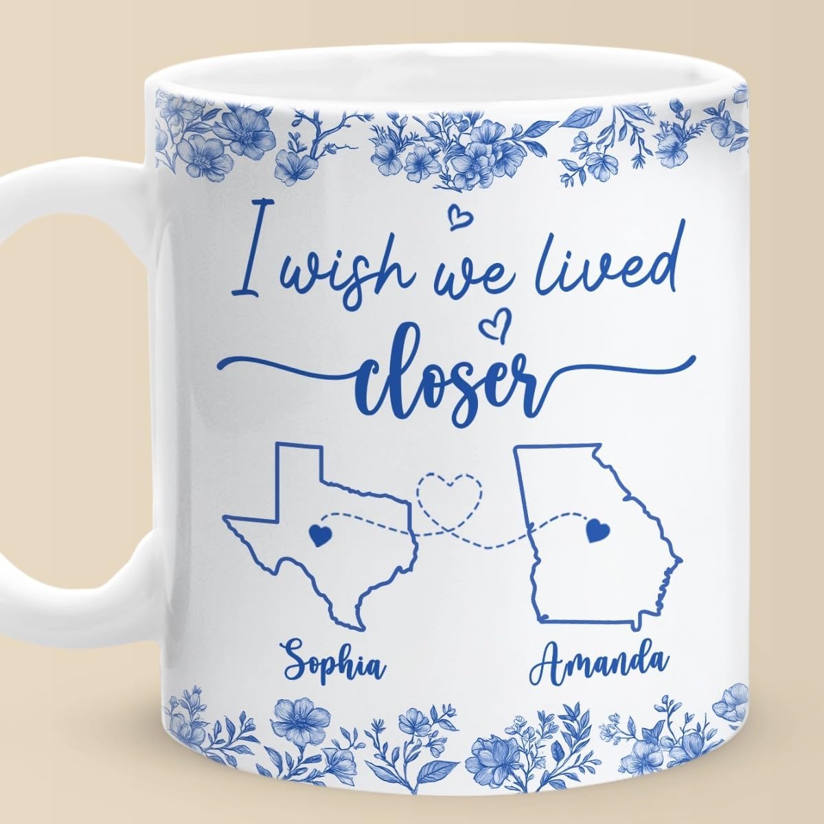DOPTIKA Custom Mug, Personalized Best Friend Birthday Gifts For Women, I Wish We Lived Closer, Sister Gift, Chinoiserie Toile De Jouy Mug, State to State Coffee Cups, Long Distance Relationship Gifts