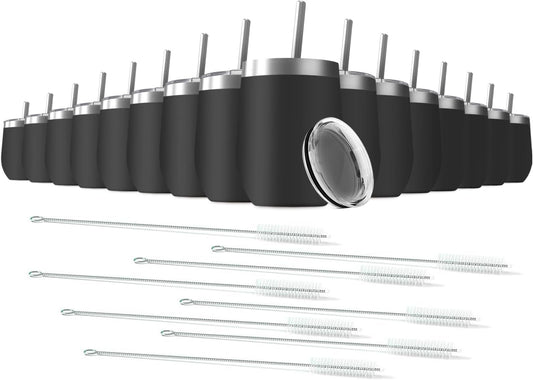 12oz Wine Tumbler with Lid With straw Stainless Steel Wine Tumbler Cups Double Wall Vacuum Insulated Travel Mugs Stemless Cup 16 Pack (Black)