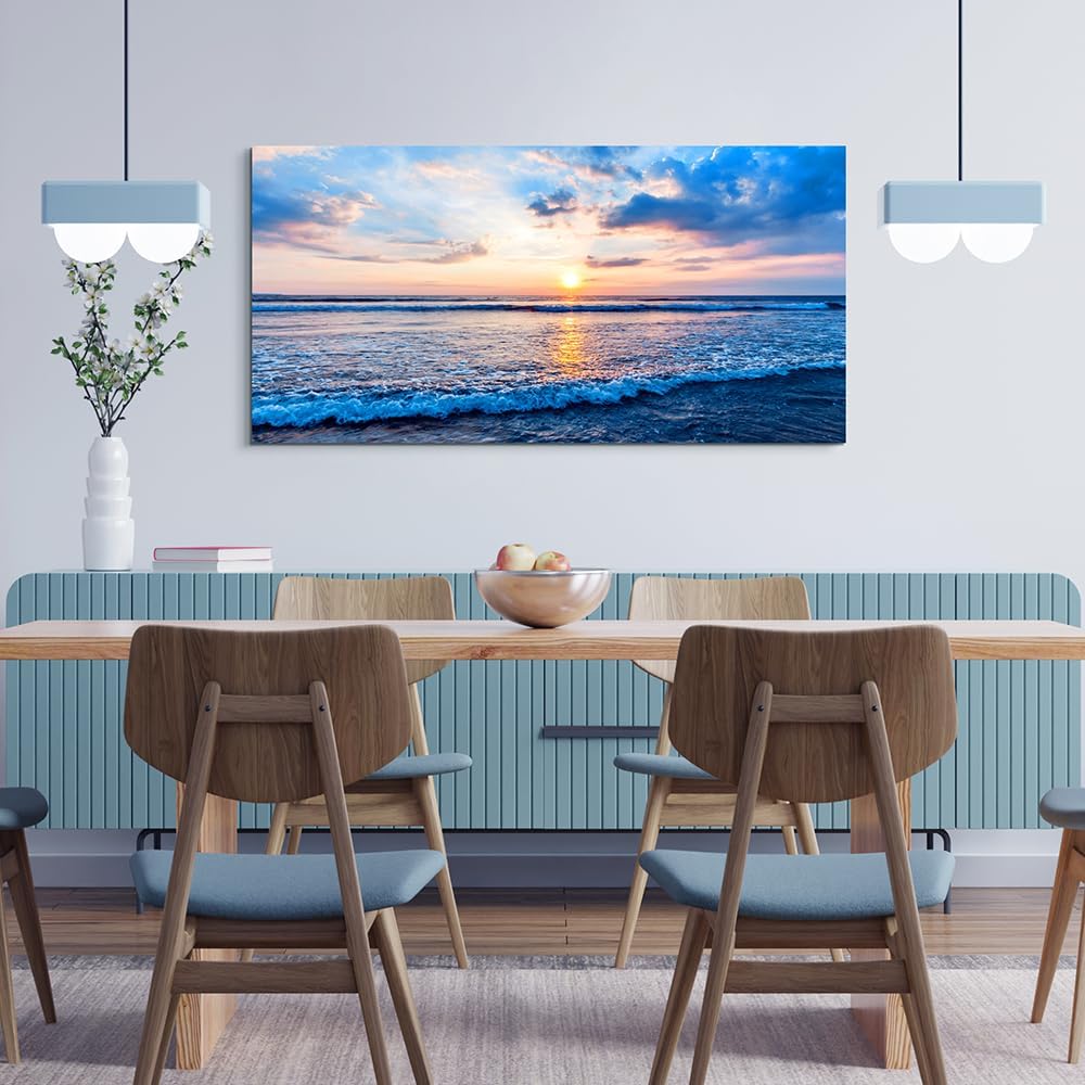 Wapluam Canvas Wall Art For Living Room Large Wall Decor Office Bedroom Home Decorations Blue Beach Ocean Sea Waves Landscape Wall Painting Posters Prints Pictures Wall Mural Artwork 24 X 48 in