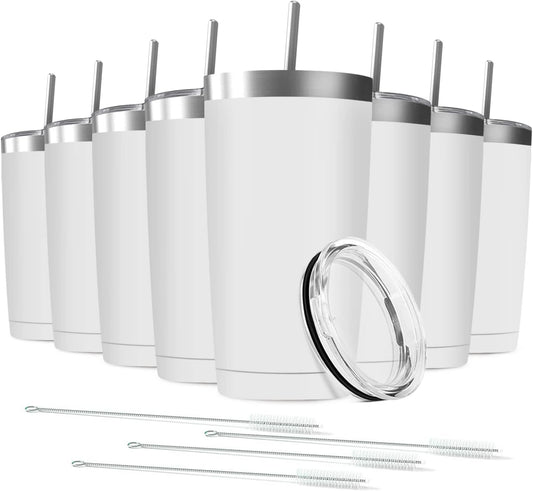 20oz Tumbler Vacuum Insulated Travel Mug with Lids, Stainless Steel Double Wall Bulk Cup for Home, Office, Outdoor Suitable for Vehicle Cup Holders(Set of 8, White)