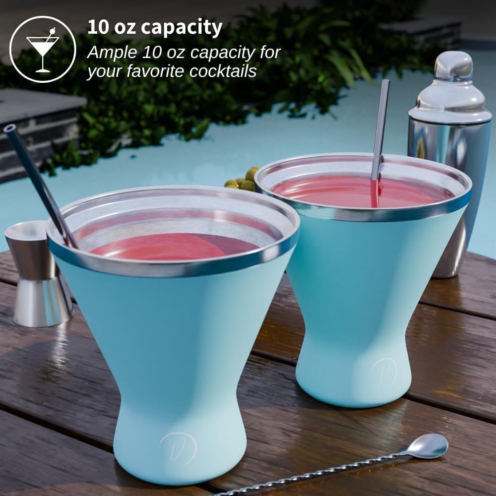 Stainless Steel Martini Glass [Pack of 2] – 10oz, Blue, Powder Coated, No Sweat, Double Wall Margarita Tumbler for Cocktails and Cold Drinks | Ideal for Mother's Day Gift