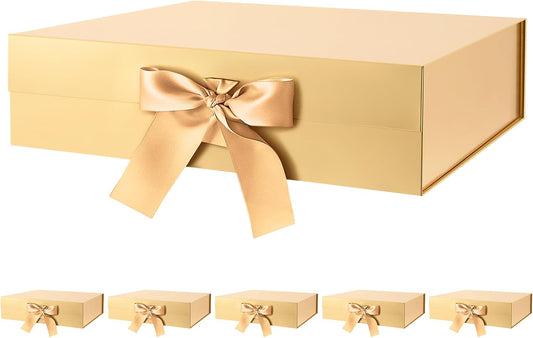 GREEN BEAN 6 Large Gift Boxes with Lids for Presents 13x9.7x3.4 Inches, Gold Magnetic Luxury Gift Boxes with Ribbon, Bridesmaid Proposal Gifts Boxes (Glossy Gold)
