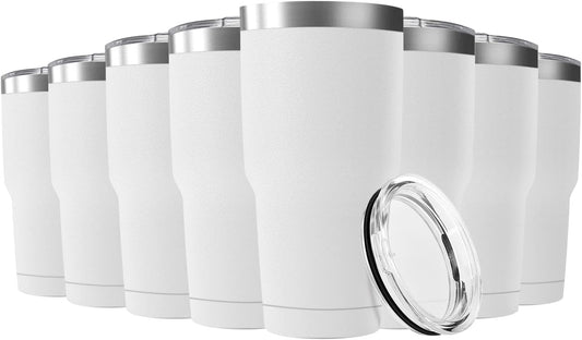 30oz Stainless Steel Travel Mug with Lid, 8 Pack Double Wall Vacuum Insulated Bulk Tumbler, Powder Coated Coffee Cup Suitable for Vehicle Cup Holders(White)