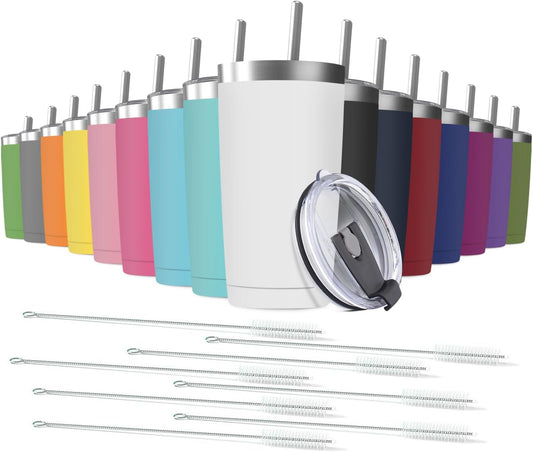 16 pack 20 oz Stainless Steel Insulated Tumbler with Straw and Lid, Double Wall Travel Coffee Mug Vacuum Insulated Bulk Tumbler, Suitable for Vehicle Cup Holders （Assorted Colors）