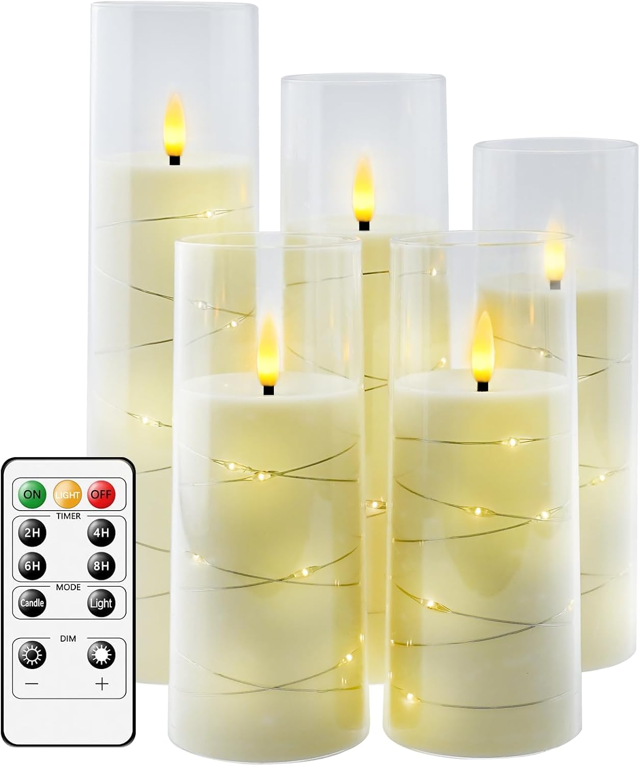 Flameless LED Candles with Timer 5 Pc Flickering Flameless Candles for Romantic Ambiance and Home Decoration Stable Acrylic Shell,with Embedded Star String，Battery Operated Candles（Ivory）