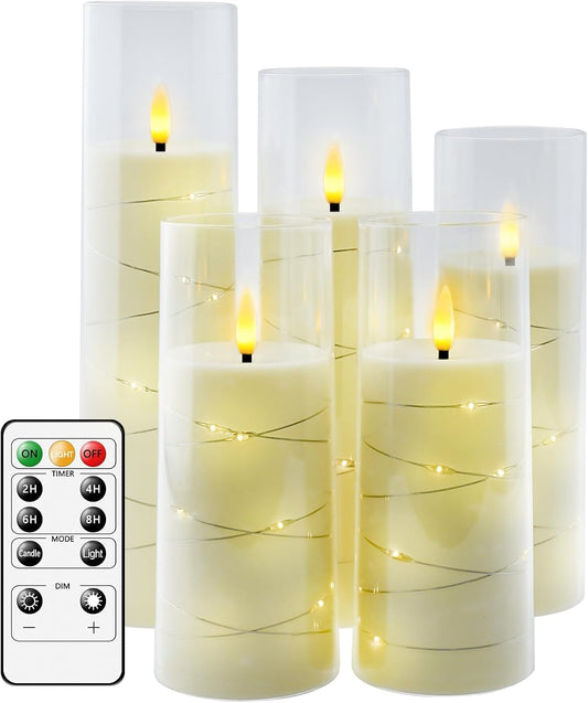 Flameless LED Candles with Timer 5 Pc Flickering Flameless Candles for Romantic Ambiance and Home Decoration Stable Acrylic Shell,with Embedded Star String，Battery Operated Candles（Ivory）