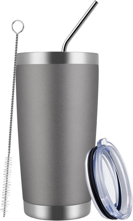 MEWAY 591.5ml(20온스) 텀블러 컵 이중벽 진공 단열 여행용 머그 벌크, 뚜껑과 빨대가 있는 스테인리스 스틸 텀블러, 차가운 음료 및 뜨거운 음료용 내구성 있는 파우더 코팅 커피 컵 (콜드 그레이, 1)