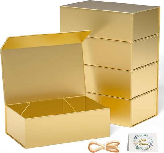 5 Pack Gold Gift Box, 9.5x6x3'' Gift boxes for Presents with Lids Magnetic Closure Rectangle Collapsible for Bridesmaid Proposal Box, Wedding, Christmas, Halloween, Birthday Gift Packging