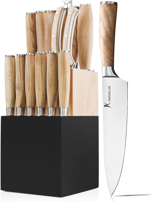 Natura Series 15 PCS Knife Block Set, Ultra Sharp High Carbon Stainless Steel with Wooden Handle