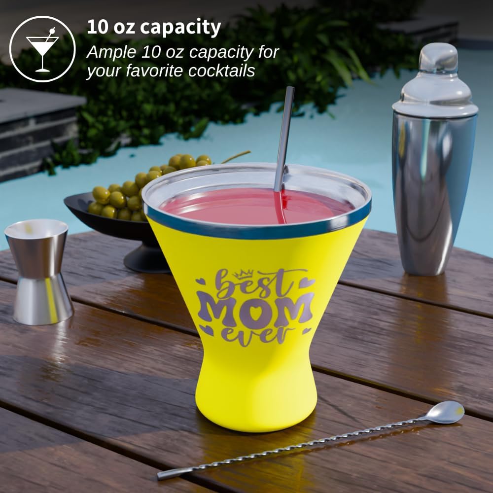Mothers Day Gifts For Mom - Best Mom Ever Stainless Steel Martini Glass [Yellow, 10oz, Pack of 1] - Powder - Coated, Double Wall Margarita Cup - Birthday, Mother's Day, New Mom Gifts for Women