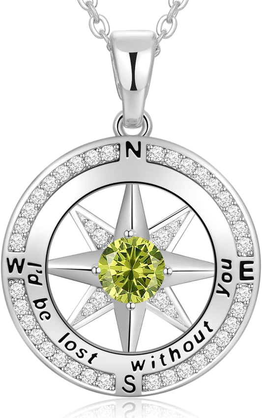 Peeshow Gifts for Women Wife-Compass Birthstone Necklace Gift for Wife Birthday Wedding Anniversary Women Jewelry for Her Girlfriend S925 Sterling Silver