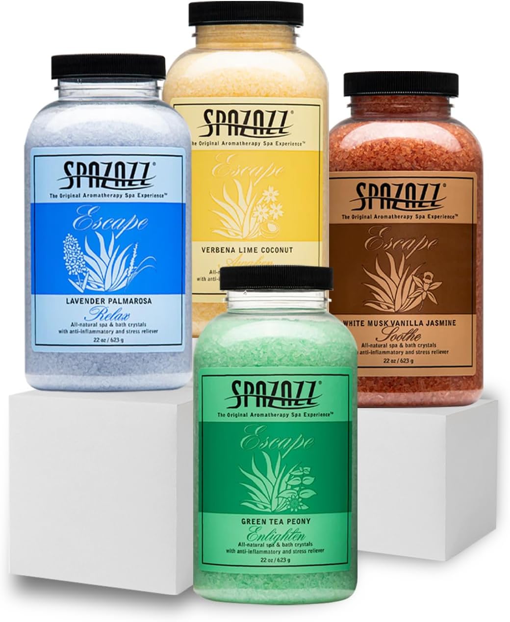 Hot Tub & Spa Bath Salt Aromatherapy Crystals Gift Set - Spazazz Escape Collection Bundle 4-Pack (22oz Each) - Lavender Palmarosa, Verbena Lime Coconut, Green Tea Peony, White Musk Vanilla Jasmine