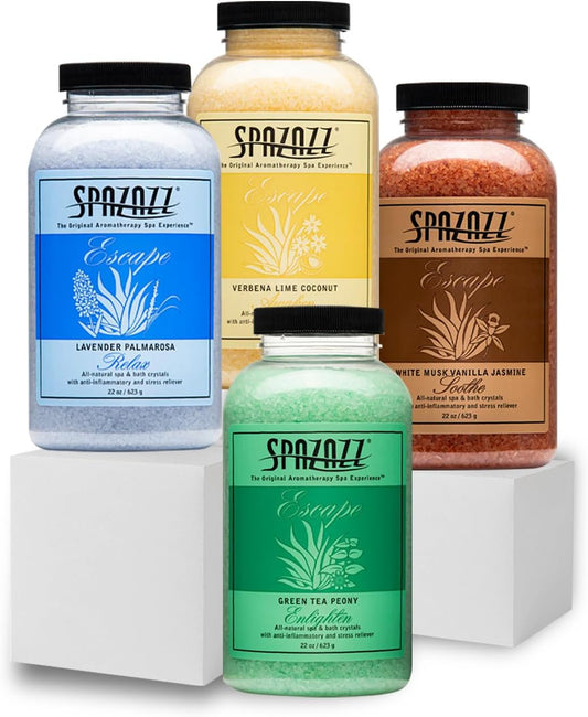 Hot Tub & Spa Bath Salt Aromatherapy Crystals Gift Set - Spazazz Escape Collection Bundle 4-Pack (22oz Each) - Lavender Palmarosa, Verbena Lime Coconut, Green Tea Peony, White Musk Vanilla Jasmine