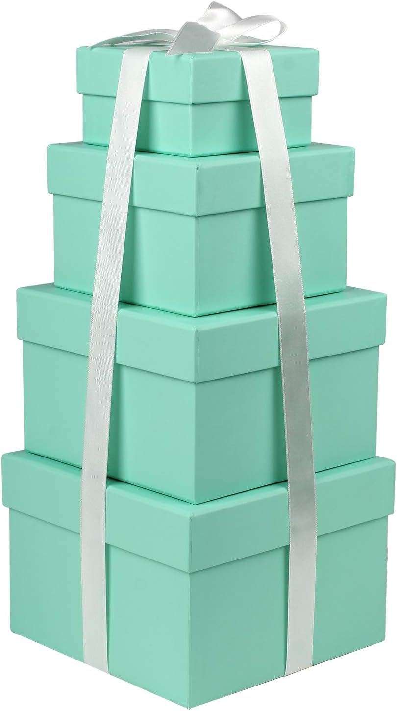 Square Gift Boxes with Lids Set of 4 Teal Green Gift Box Assorted Sizes Nesting Gift Boxes for Presents Birthday Bridesmaid Wedding Valentines Christmas Party Favor Boxes