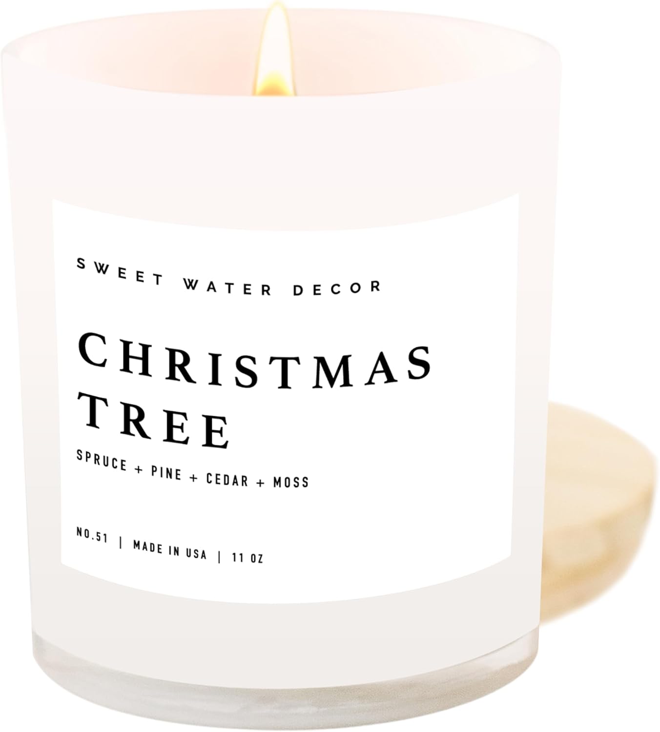 Sweet Water Decor Christmas Tree Soy Candle | Pine Needles, Cedarwood, Cypress, and Evergreen Holiday Scented Candles for Home | 11oz White Jar + Wood Lid, 50+ Hour Burn Time, Made in the USA