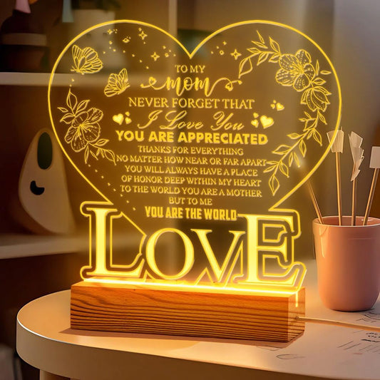 to My Mom Never Forget That I Love You - Heart-Shaped LED Night Light for Mom - USB Powered Lamp with Engraved Love Message - Gift for Christmas Birthday, Home Decor