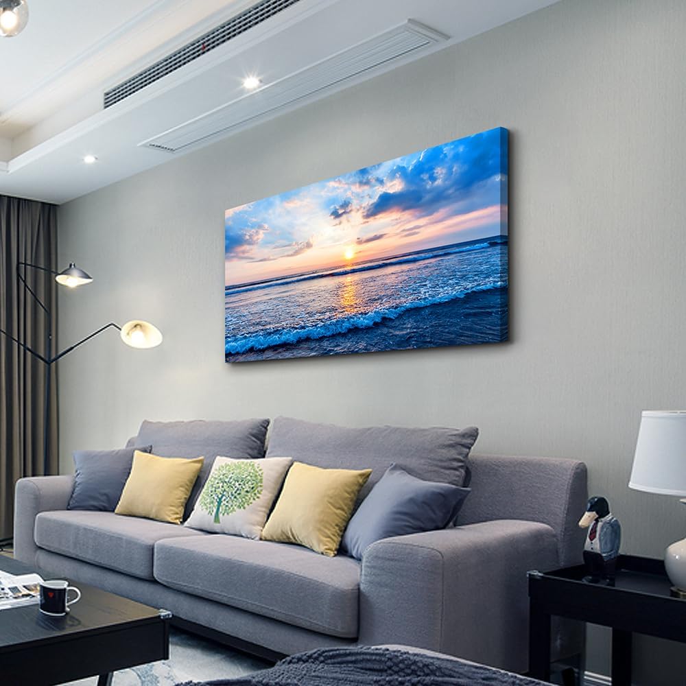 Wapluam Canvas Wall Art For Living Room Large Wall Decor Office Bedroom Home Decorations Blue Beach Ocean Sea Waves Landscape Wall Painting Posters Prints Pictures Wall Mural Artwork 24 X 48 in