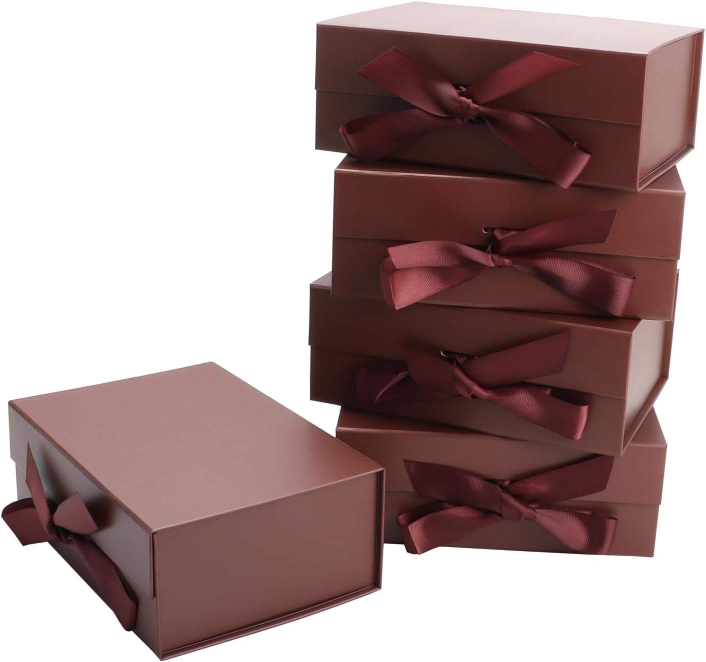 MEIANJU Reddish Brown Gift Boxes 8.7*W6.5*H3.5inch with Ribbon Foldable Magnetic Gift Boxes Set of 5 Glossy Finish Magnetic Box for Luxury Presentations and Groomsmen Proposal