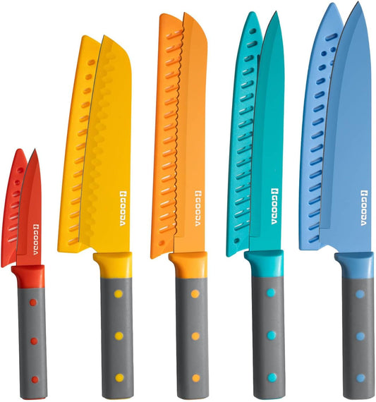 GOODA Knife Set,10 Pieces Nonstick Coating Kitchen Knife Set,Dishwasher Safe Stainless Steel Chef Cooking Knife Sets with 5 Blade Guards,Multicolor