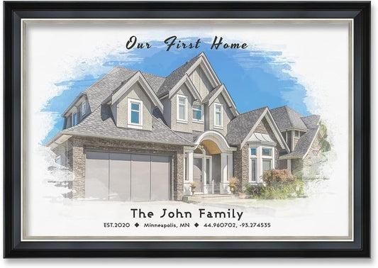 IPIC - Custom Watercolor House Portrait. Personalized Framed Artwork Housewarming Gift Customized Giclee Prints, Custom Giclee Print Includes Names and the Special Date. Framed size: 33.25 x 23.25