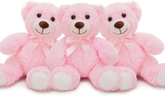 MorisMos 3Pcs Teddy Bears Bulk Baby Shower, 14inch Cute Teddy Bear Stuffed Animals Plush, Small Stuffed Bears on Centerpiece Baby Shower, Pink