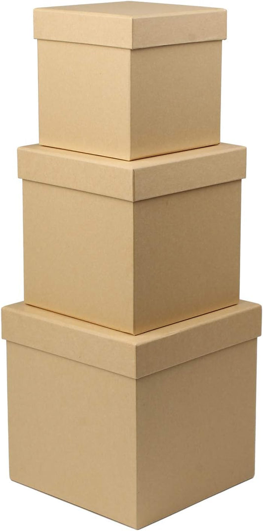 Square Gift Boxes with Lids Set of 3 Brown Gift Box Assorted Sizes Nesting Gift Boxes for Presents Birthday Bridesmaid Wedding Valentines Christmas Party Favor Boxes