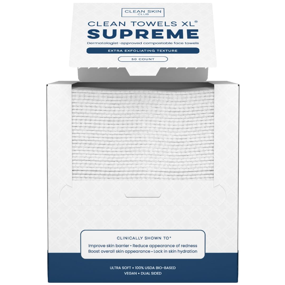Clean Skin Club Clean Towels XL™ Supreme, 100% USDA Biobased Face Towel, Disposable Face Towelette, Eczema Association Accepted, Makeup Remover Dry Wipes, Ultra Soft, 50 Ct, 1 Pack