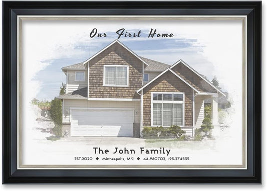 IPIC - Custom Watercolor House Portrait. Personalized Framed Artwork Housewarming Gift Customized Giclee Prints, Custom Giclee Print Includes Names and the Special Date. Framed size: 27.25 x 19.25