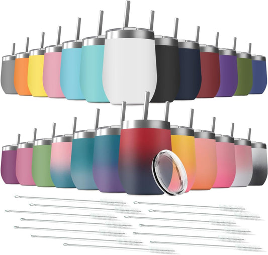 12oz Wine Tumbler with Lid With straw Stainless Steel Wine Tumbler Cups Double Wall Vacuum Insulated Travel Mugs Stemless Cup 25 Pack