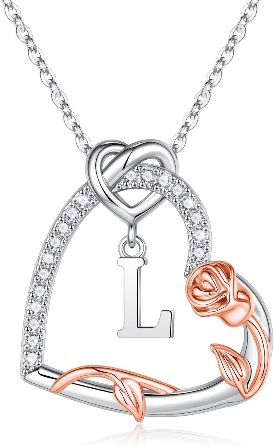 Iefil Rose Heart Necklaces Gifts for Women - 925 Sterling Silver Heart Initial Necklaces, Anniversary Birthday Gifts, Women Jewelry Gift for Wife Girlfriend Mom Daughter Her