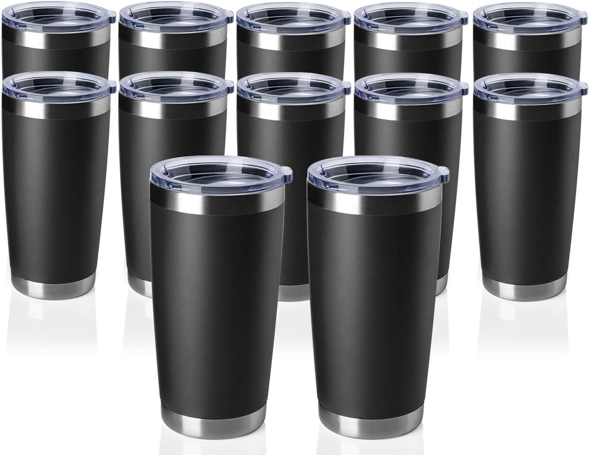 12 pack 20 OZ Double Wall Stainless Steel Vacuum Insulated Tumbler Coffee Travel Mug With Lid, Durable Powder Coated Insulated Coffee Cup for Cold & Hot Drinks (Black, 12 pack)