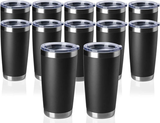 12 pack 20 OZ Double Wall Stainless Steel Vacuum Insulated Tumbler Coffee Travel Mug With Lid, Durable Powder Coated Insulated Coffee Cup for Cold & Hot Drinks (Black, 12 pack)