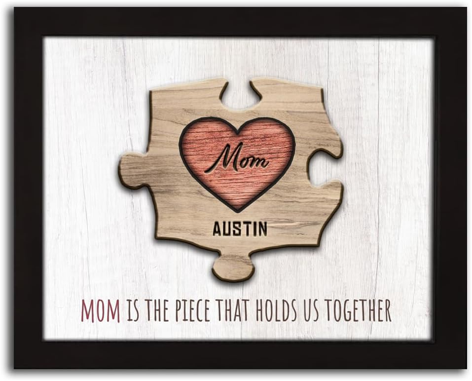 Personal-Prints MOM & Children Personalized HEART Puzzle Wall Art | Unique Customized with up to 8 Names | Mother’s Day, Birthday or Christmas Gift (13"x16" Framed Paper Print, 1 Child)