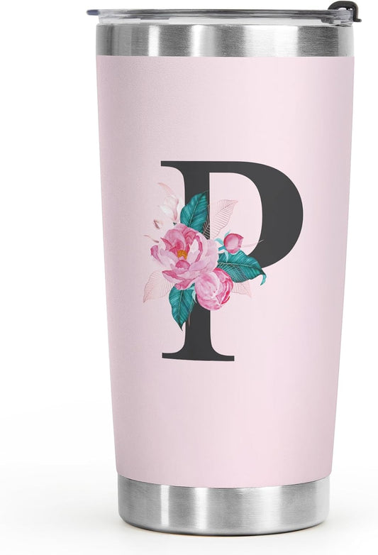 Shqiueos Initial Monogrammed Gifts for Women, 20 Oz Insulated Tumbler With Lid, Stainless Steel Vacuum Pink Cup, Personalized Christmas, Wedding, Birthday Gifts for Her Friends Mom Sister