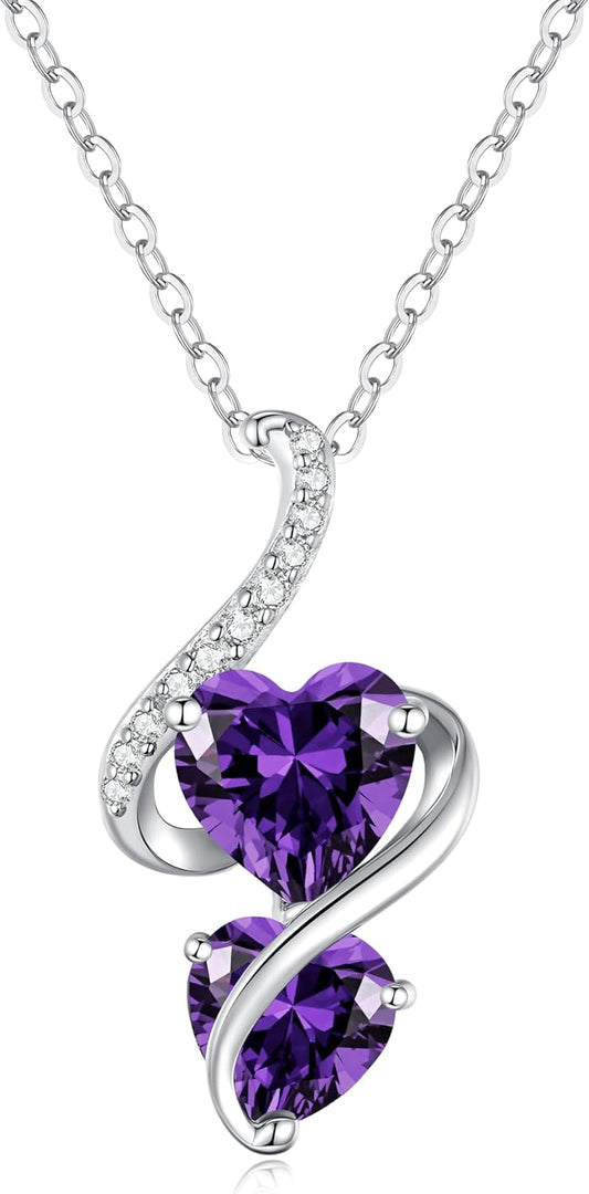 LOUISA SECRET Unique Double Heart Necklace Gifts for Wife Women, 925 Sterling Silver Tiny Birthstone Pendant Jewelry Gift for Her Girlfriend Mom Valentine's Day Anniversary Mother's Day Birthdays & Christmas