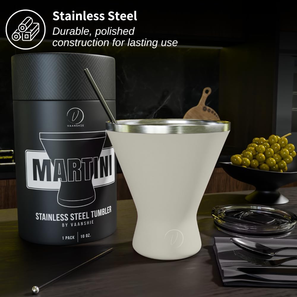 Stainless Steel Martini Glass [Pack of 1] – 10oz, Cream, Powder Coated, No Sweat, Double Wall Margarita Cup with Lid | Ideal for Mother's Day Gift