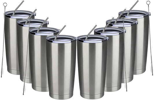 MEWAY 20oz Tumbler 8 Pack Double Wall Vacuum Insulated Travel Mug Bulk, Stainless Steel Tumblers with Lid and Straw, Durable Powder Coated Coffee Cups for Cold & Hot Drinks (Silver, 8)