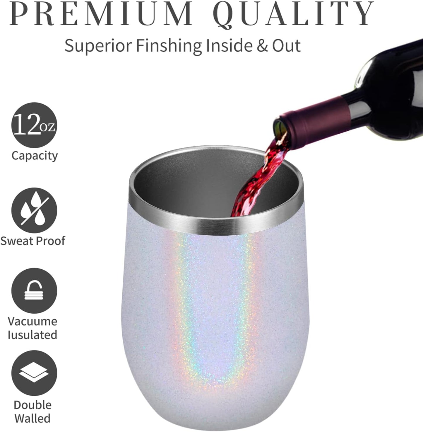 MEWAY 12oz/4 Pack Wine Tumbler Glasses with Lid - Stemless Double Wall Vacuum Stainless Steel Glitter Tumbler - Keeping Cold & Hot Cup for Coffee,Gift for Women(Rainbow White,Set of 4)