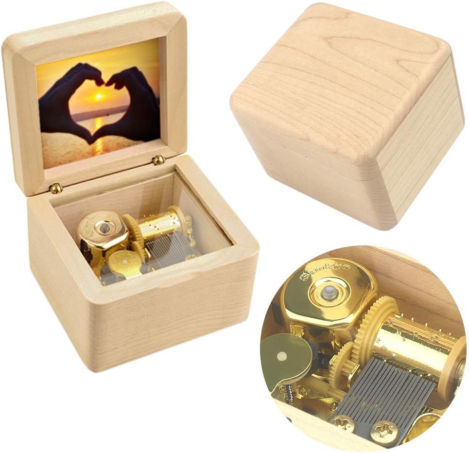 Sinzyo Natural Wooden Music Box with Customizable Photos Wind Up Musical Box Gifts for Christmas,Birthday and Valentine's Day(Simple Maple, Tone:Anastasia-Once Upon a December)