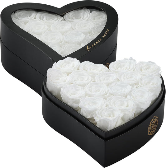 16 Forever Flowers in Heart Shaped Box - Preserved Roses Romantic Gifts for Her, Valentine’s Day, Anniversary, Wedding (White)
