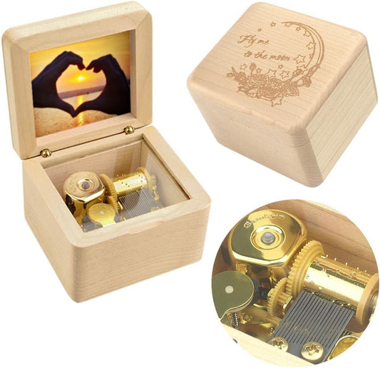 Sinzyo Natural Wooden Music Box with Customizable Photos Wind Up Musical Box Gifts for Christmas,Birthday and Valentine's Day(Character Maple, Tone:Fly Me to The Moon)