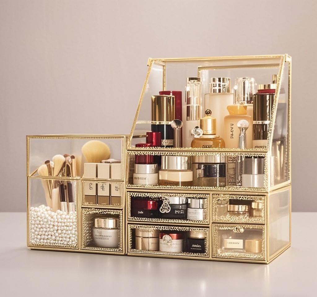 Hersoo Luxury Stackable Glass Cosmetic Organizer 3-Piece Set-Durable,Premium Shatterproof Vanity Storage,Artisan-Design for High-End Bathroom&Makeup Counter Decor(gold)