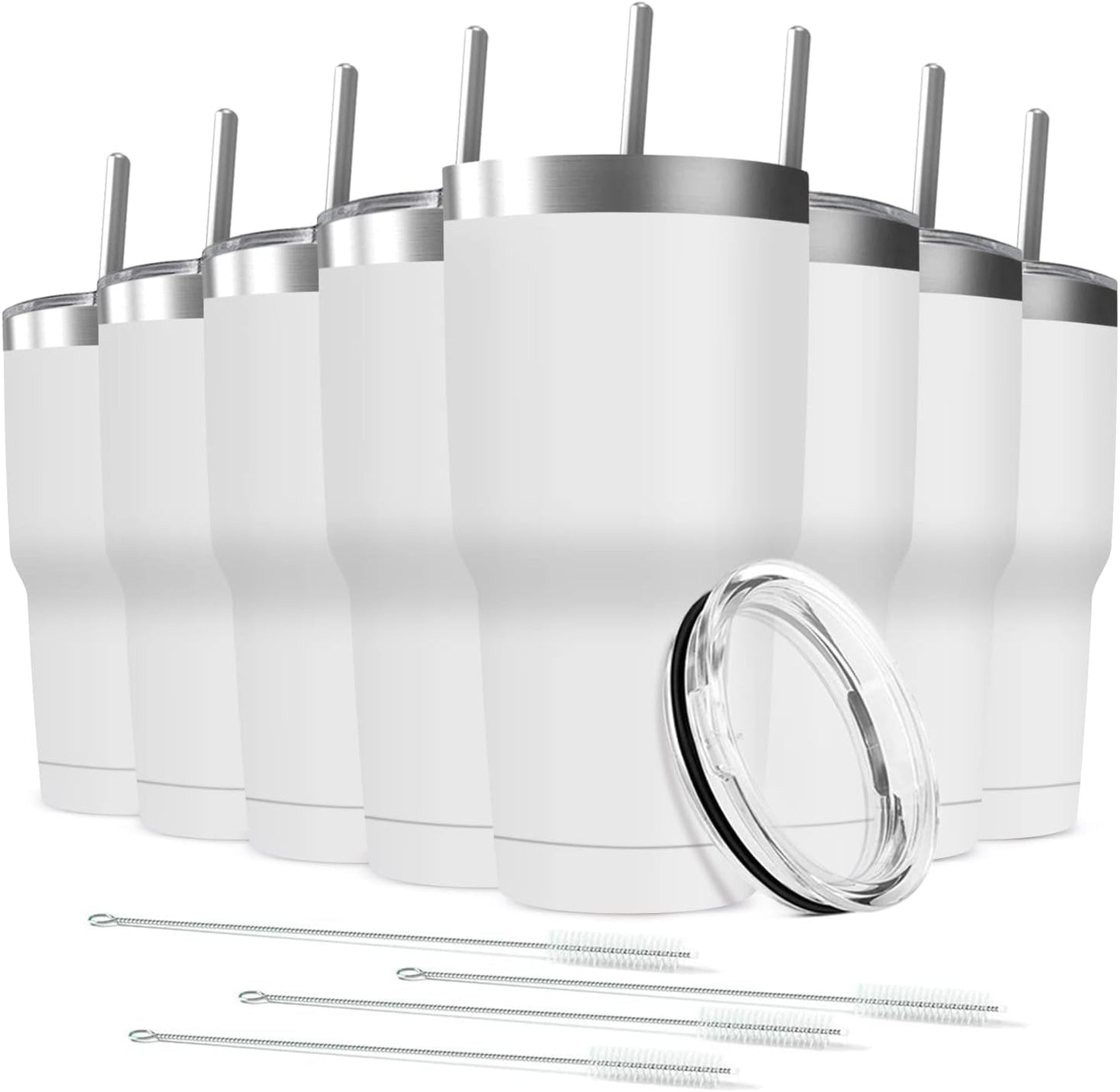 30oz Tumbler Vacuum Insulated Travel Mug with Lids, Stainless Steel Double Wall Bulk Cup for Home, Office, Outdoor Suitable for Vehicle Cup Holders(Set of 8, White)