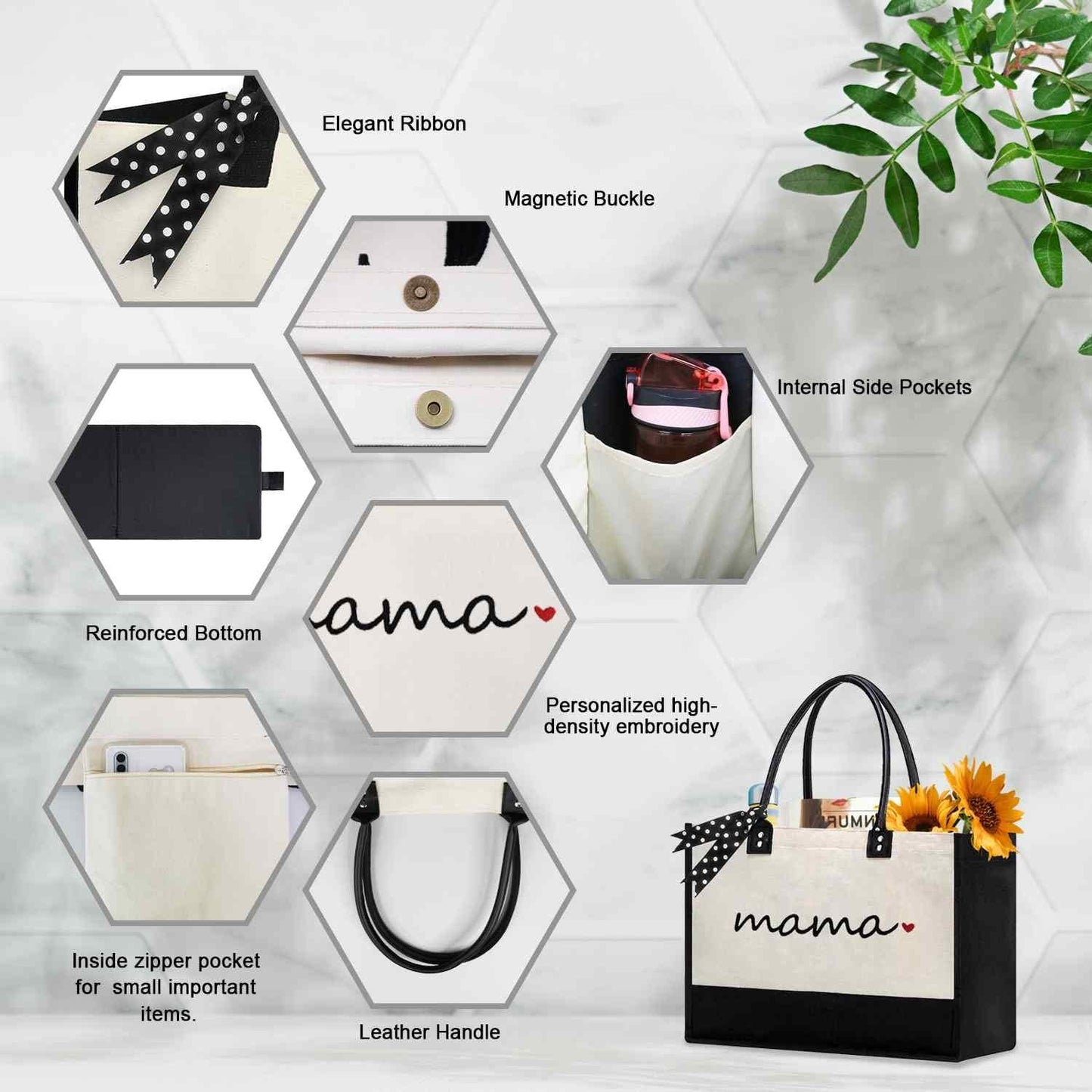 BeeGreen Personalized New Mom Gifts w 3 Inner Pouch, Mother’s Day Birthday Pregnancy Gift Canvas Tote Bag w Leather Handle & Magnetic Buckle for Expecting Mom