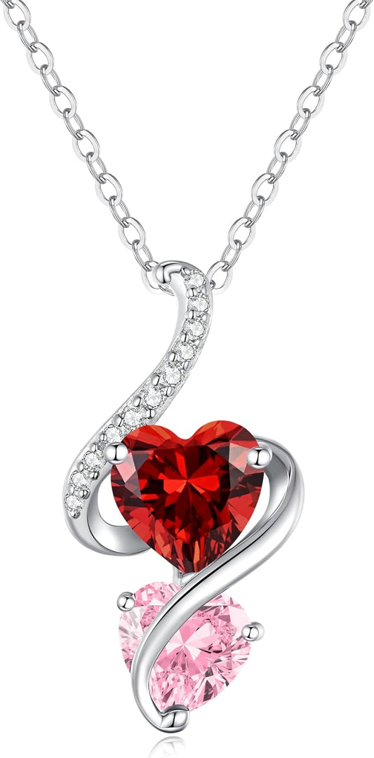 LOUISA SECRET Unique Double Heart Necklace Gifts for Wife Women, 925 Sterling Silver Tiny Birthstone Pendant Jewelry Gift for Her Girlfriend Mom Valentine's Day Anniversary Mother's Day Birthdays & Christmas