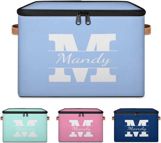 Custom Storage Basket with Name, Personalized Storage Bins with Zipper Lid, Foldable Fabric Storage Box Large capacity with Handle Blue