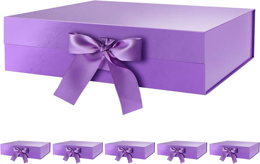 GREEN BEAN 6 Large Gift Boxes with Lids for Presents 13x9.7x3.4 Inches, Gift Box Purple Magnetic Gift Boxes with Ribbon, Bridesmaid Proposal Boxes, Luxury Gift Boxes (Glossy Purple)
