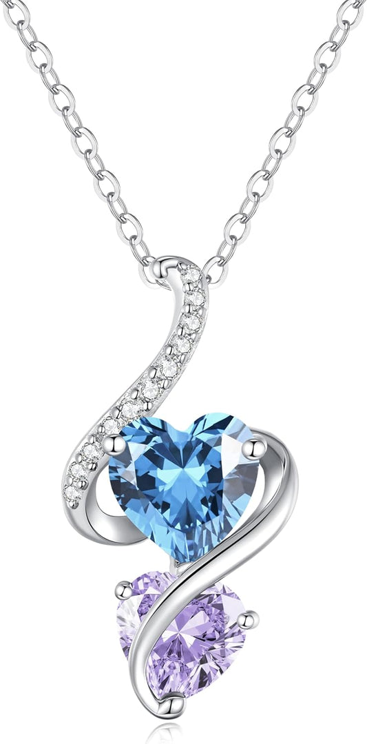 LOUISA SECRET Unique Double Heart Necklace Gifts for Wife Women, 925 Sterling Silver Tiny Birthstone Pendant Jewelry Gift for Her Girlfriend Mom Valentine's Day Anniversary Mother's Day Birthdays & Christmas
