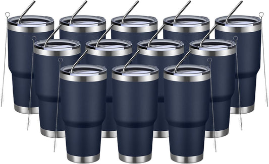 MEWAY 30oz Insulated Tumbler With Lids and Straws,Stainless Steel Double Vacuum Coffee Tumbler Cup, Brush, Durable Powder Coated Coffee Cup for Cold & Hot Drinks, Office, Travel(Navy,12 PACK)
